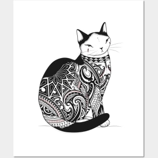 Cat in Tribal Tattoo Posters and Art